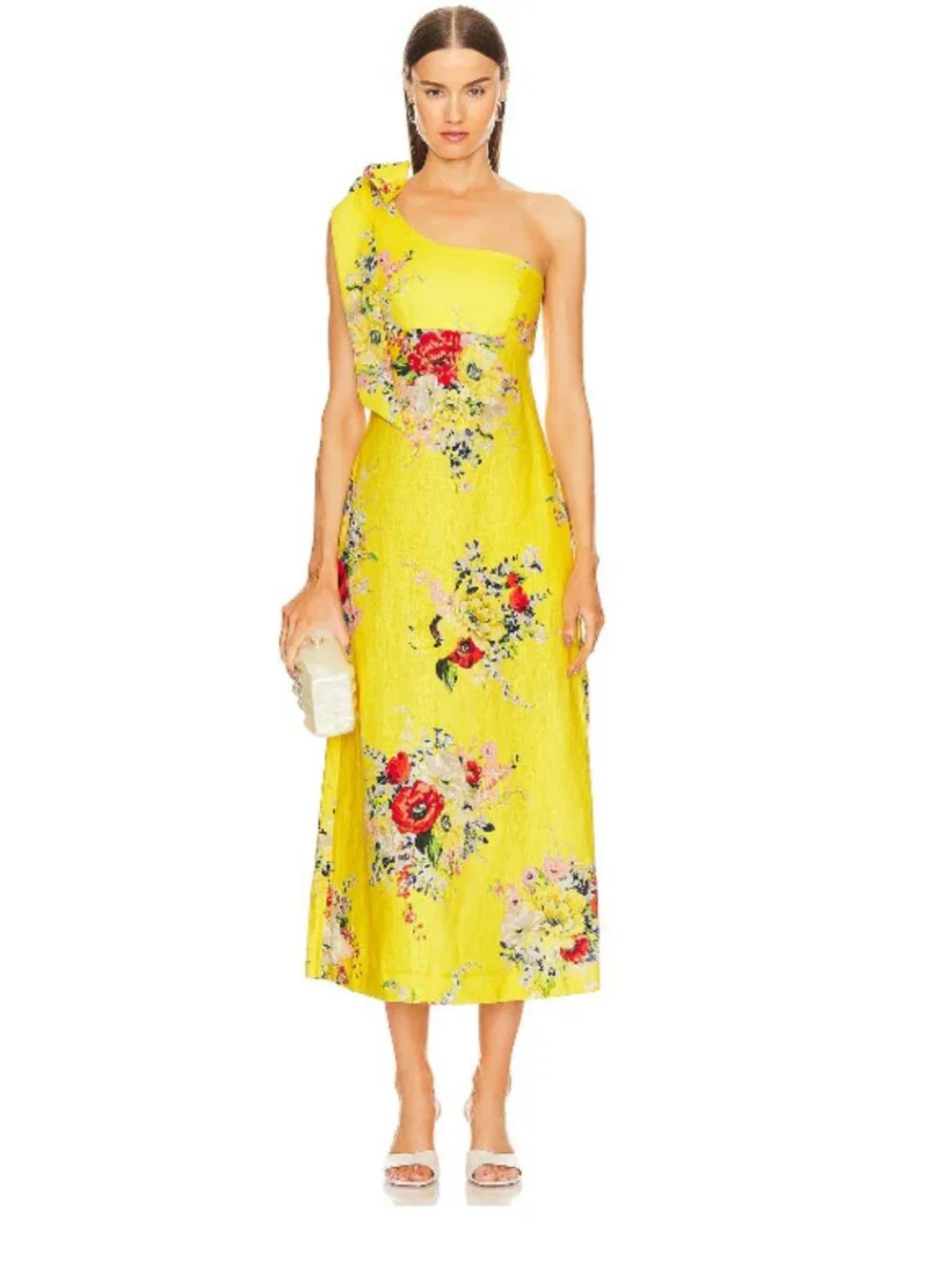 zimmermann yellow floral dress Golden Ruffle Mini Dress, Pink/Gold Floral, Size 2 with exaggerated puff sleeves Zimmermann Tropical Floral Silk Maxi